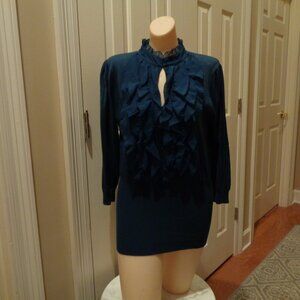 Willi Smith dark teal top! Front ruffle, keyhole neckline, stretchy knit